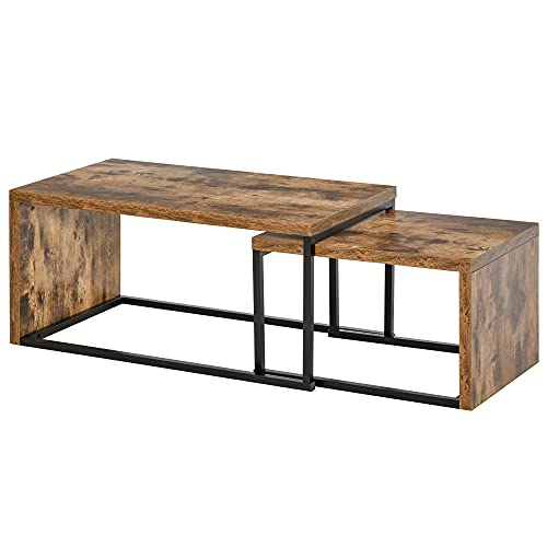 HOMCOM Juego de 2 Mesas de Centro Mesitas de Café con Patas de Metal Estilo Industrial para Salón Comedor Sala de Estar 90x48x42 cm y 59x42x36 cm Marrón Rústico