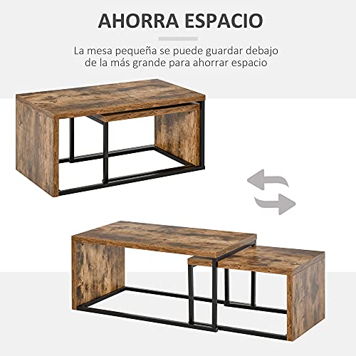 HOMCOM Juego de 2 Mesas de Centro Mesitas de Café con Patas de Metal Estilo Industrial para Salón Comedor Sala de Estar 90x48x42 cm y 59x42x36 cm Marrón Rústico