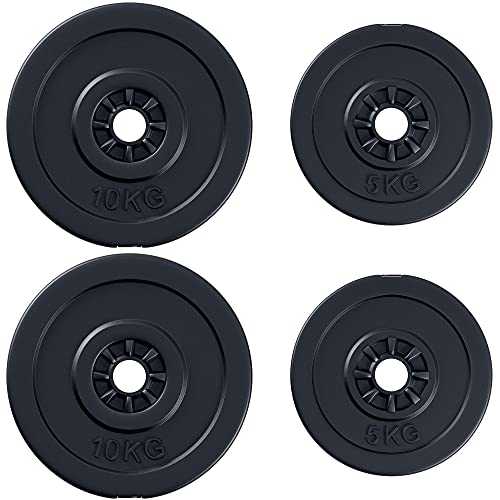 HOMCOM Juego de 4 Discos de Pesas de 5 kg y 10 kg con Orificio de Ø25 mm para Entrenamiento de Fuerza Levantamiento de Pesas Negro