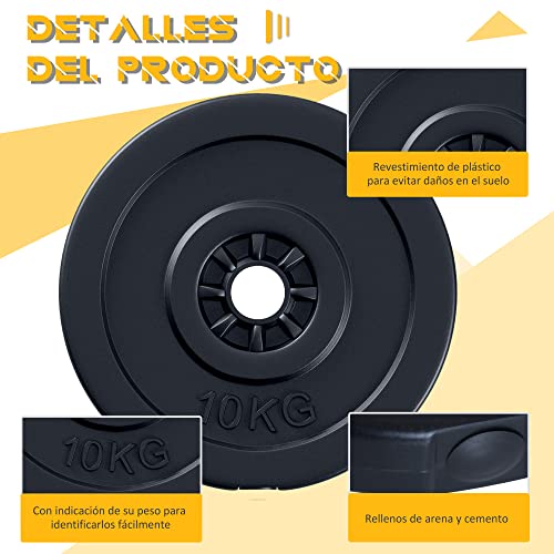 HOMCOM Juego de 4 Discos de Pesas de 5 kg y 10 kg con Orificio de Ø25 mm para Entrenamiento de Fuerza Levantamiento de Pesas Negro