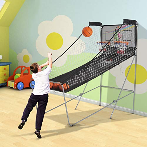 HOMCOM Juego de Canastas de Baloncesto Plegables y Portátiles con Contador Electrónico Doble y 4 Pelotas de Baloncesto con Soporte de Acero y Color Negro y Blanco 205x110x205cm (PxANxAL)