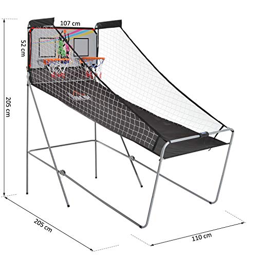 HOMCOM Juego de Canastas de Baloncesto Plegables y Portátiles con Contador Electrónico Doble y 4 Pelotas de Baloncesto con Soporte de Acero y Color Negro y Blanco 205x110x205cm (PxANxAL)