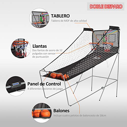 HOMCOM Juego de Canastas de Baloncesto Plegables y Portátiles con Contador Electrónico Doble y 4 Pelotas de Baloncesto con Soporte de Acero y Color Negro y Blanco 205x110x205cm (PxANxAL)