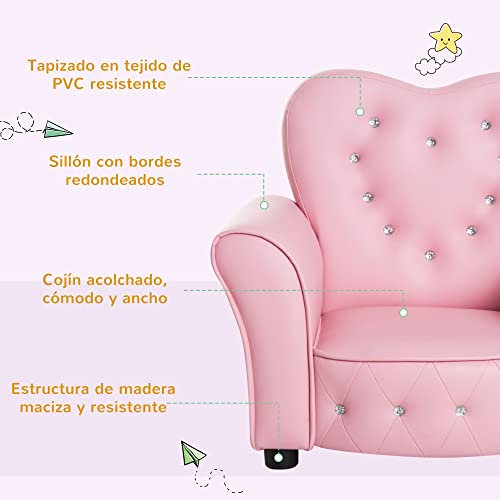 HOMCOM Sillón Infantil Sofá para Niños Decorativo en Forma de Corazón con Asiento Reposabrazos Acolchados Respaldo Alto 59x41,5x49 cm Rosa