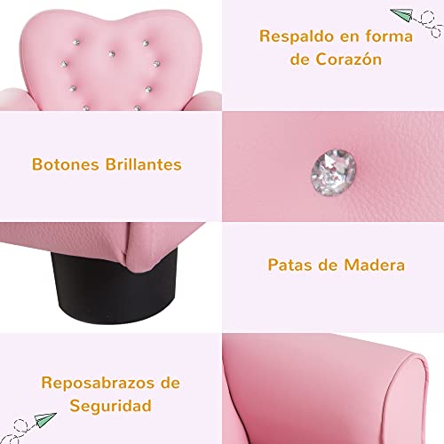 HOMCOM Sillón Infantil Sofá para Niños Decorativo en Forma de Corazón con Asiento Reposabrazos Acolchados Respaldo Alto 59x41,5x49 cm Rosa