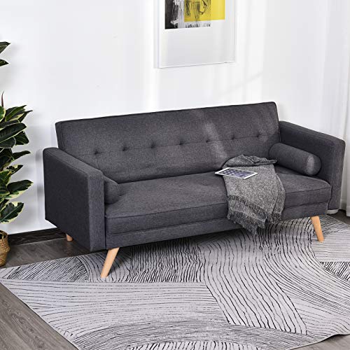 HOMCOM Sofá de 3 Plazas Cama Individual Diseño 2 en 1 Plegable con Reposabrazos Tapicería en Tela Estructura Sólida Patas Elevadas Acolchado Cómodo 187x90x86,5 cm Gris