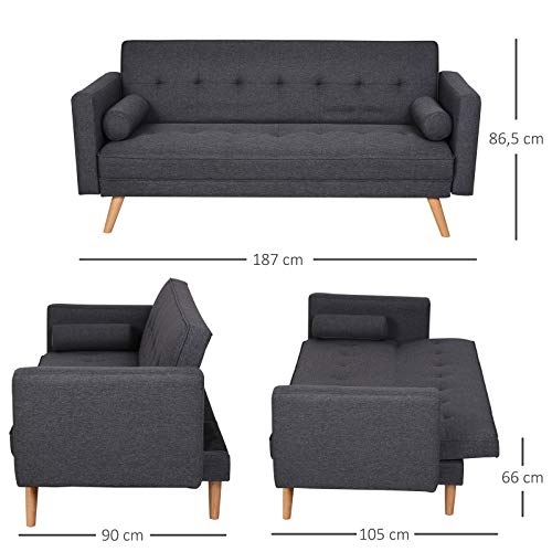 HOMCOM Sofá de 3 Plazas Cama Individual Diseño 2 en 1 Plegable con Reposabrazos Tapicería en Tela Estructura Sólida Patas Elevadas Acolchado Cómodo 187x90x86,5 cm Gris