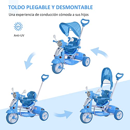 HOMCOM Triciclo para Niños de +18 Meses Triciclo Evolutivo Infantil con Capota Extraíble Asiento Giratorio Barra de Seguridad y Función de Luz Música 102x48x96 cm Azul