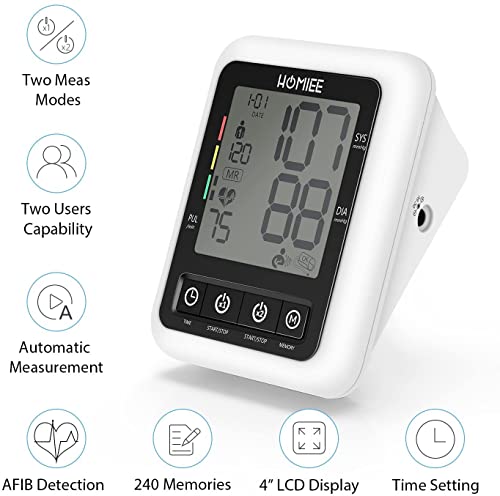 HOMIEE Tensiómetro de Brazo Digital, Monitor de Presión Arterial Digital Automatico con Gran Pantalla LCD, Deteccion de Irregular Arritmia, Memoria 2 * 120 (Blanco)