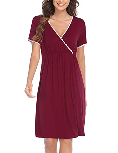 HOTLOOX Camisón Lactancia Algodón Mujer Ropa de Dormir Premamá Hospital Vestido de Maternidad Embarazo, Vino Tinto S