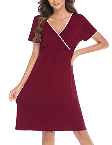 HOTLOOX Camisón Lactancia Algodón Mujer Ropa de Dormir Premamá Hospital Vestido de Maternidad Embarazo, Vino Tinto S