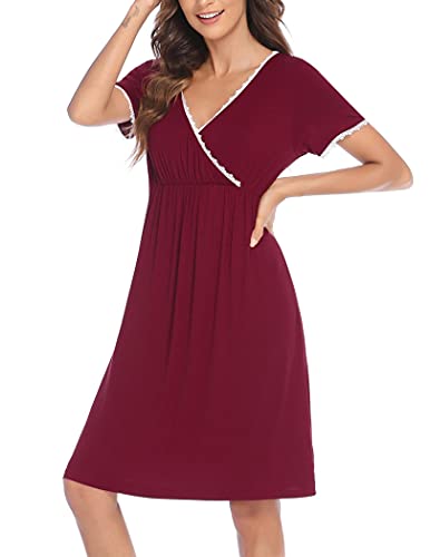 HOTLOOX Camisón Lactancia Algodón Mujer Ropa de Dormir Premamá Hospital Vestido de Maternidad Embarazo, Vino Tinto S