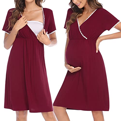 HOTLOOX Camisón Lactancia Algodón Mujer Ropa de Dormir Premamá Hospital Vestido de Maternidad Embarazo, Vino Tinto S