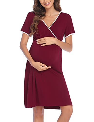 HOTLOOX Camisón Lactancia Algodón Mujer Ropa de Dormir Premamá Hospital Vestido de Maternidad Embarazo, Vino Tinto S