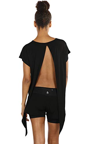 icyzone Camiseta sin Mangas Deportiva de Manga Corta de Espalda Abierta para Mujer para Yoga -L-Negro