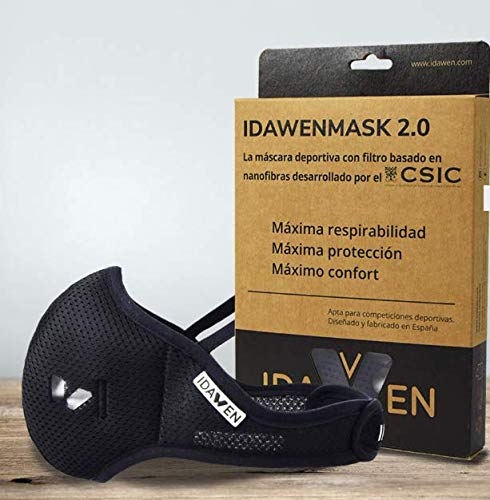 IDAWEN Sport Fashion Mascarilla Deportiva IDAWENMASK 2.0 - con Filtro de Nanofibras del CSIC - Máscara de Deporte de Cierre con Velcro - Mascarilla Lavable - Color Negro - Talla XL