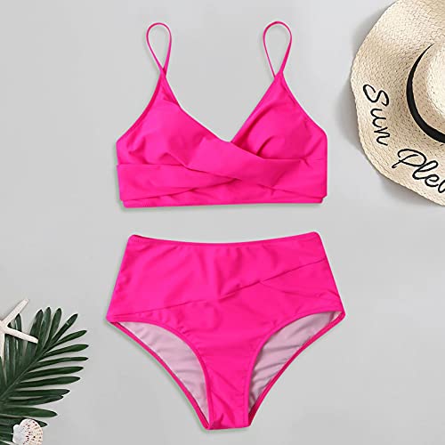 IHEHUA Bikini de dos piezas para mujer con un hombro, cintura alta, traje de baño, D-rosa., S