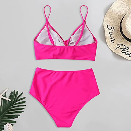 IHEHUA Bikini de dos piezas para mujer con un hombro, cintura alta, traje de baño, D-rosa., S