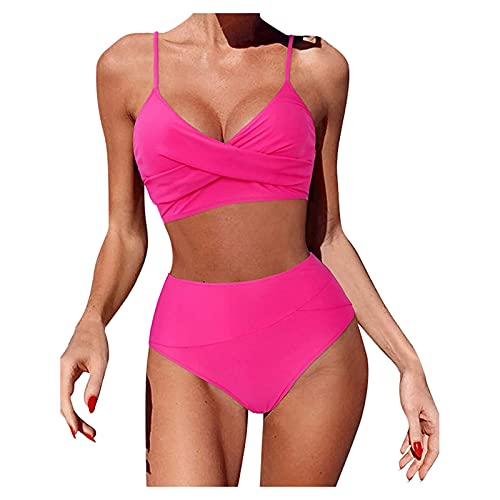 IHEHUA Bikini de dos piezas para mujer con un hombro, cintura alta, traje de baño, D-rosa., S