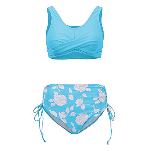 IHEHUA Bikini para mujer, sexy, traje de baño para la playa, estampado de cintura alta, bañador de dos piezas, con chaleco acolchado push-up A-azul. L