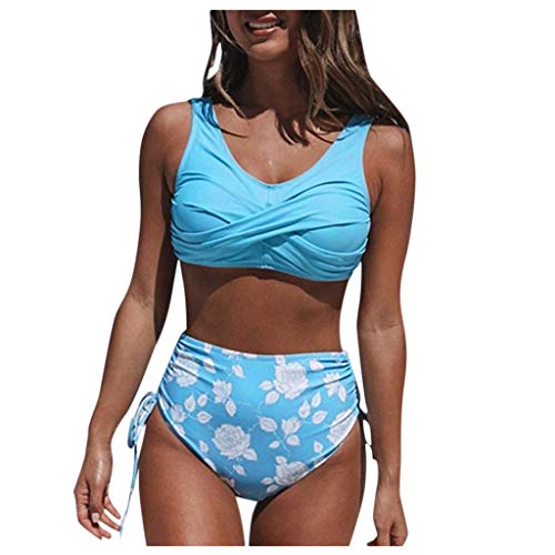 IHEHUA Bikini para mujer, sexy, traje de baño para la playa, estampado de cintura alta, bañador de dos piezas, con chaleco acolchado push-up A-azul. L