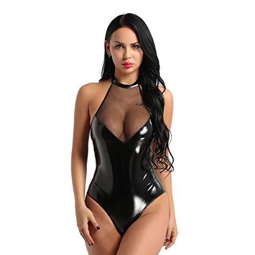 iiniim Mono Sexy Body Latex Mujer Ropa Erótica Mini Vestido de Malla Cuero Ropa Interior de Noche Atractiva Lencería Babydoll Camisón Bodysuit Pijama Negro L