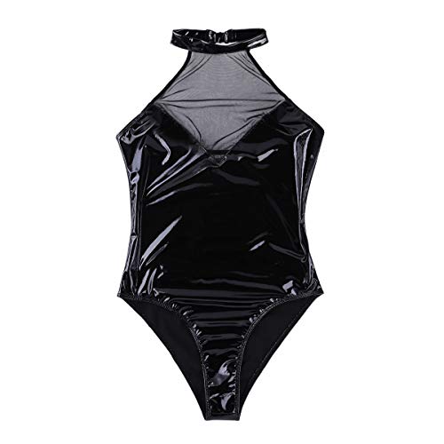 iiniim Mono Sexy Body Latex Mujer Ropa Erótica Mini Vestido de Malla Cuero Ropa Interior de Noche Atractiva Lencería Babydoll Camisón Bodysuit Pijama Negro L