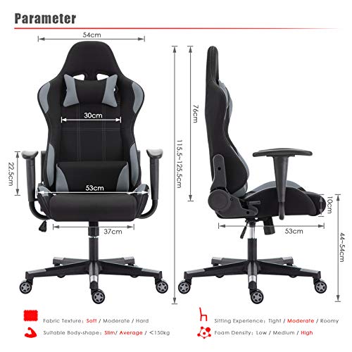 IntimaTe WM Heart Silla Gaming Tela, Silla Gamer Ergonómica, Silla con Respaldo Alto, Oficina Silla Computadora Giratoria , Altura Ajustable y Mecanismo de Inclinación, Flexible (Gris)