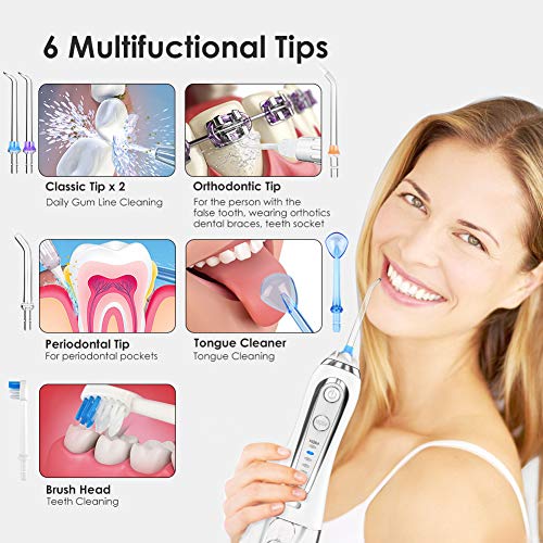 Irrigador Bucal, Irrigador Dental Portátil con 6 Boquillas 5 Modos 300ML, Multifuncional Recargable,Profesional Lavado Pulsado,IPX7 Impermeable,Limpieza Dientes de Ortodoncia y Dientes de Implante