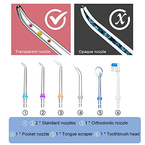 Irrigador Bucal Profesional Portátil con 6 Boquillas 5 Modos 300ML Irrigadores Dentales IPX7 Impermeable Limpieza Dental para Ortodoncia, Placa, Implantes Limpieza en Casa/Viaje (Blanco)