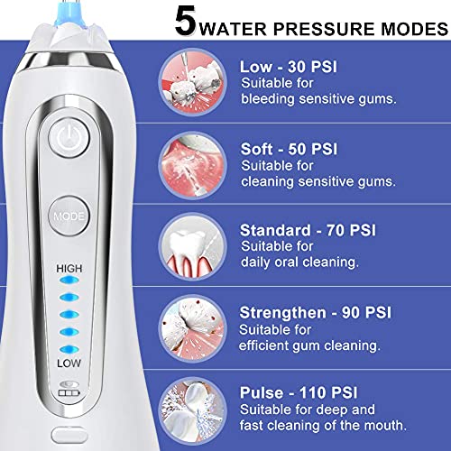 Irrigador Bucal Profesional Portátil con 6 Boquillas 5 Modos 300ML Irrigadores Dentales IPX7 Impermeable Limpieza Dental para Ortodoncia, Placa, Implantes Limpieza en Casa/Viaje (Blanco)