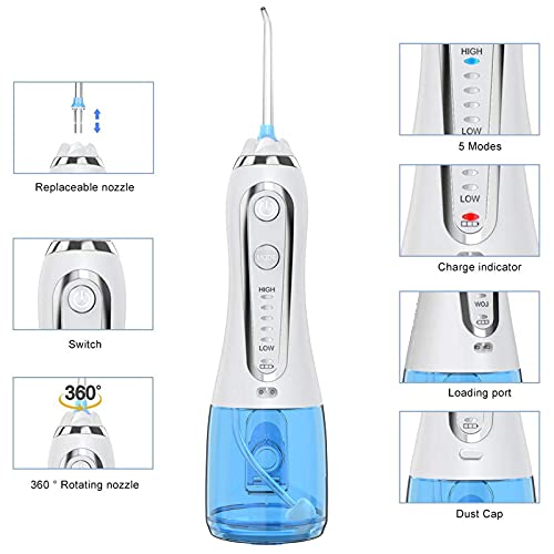 Irrigador Bucal Profesional Portátil con 6 Boquillas 5 Modos 300ML Irrigadores Dentales IPX7 Impermeable Limpieza Dental para Ortodoncia, Placa, Implantes Limpieza en Casa/Viaje (Blanco)