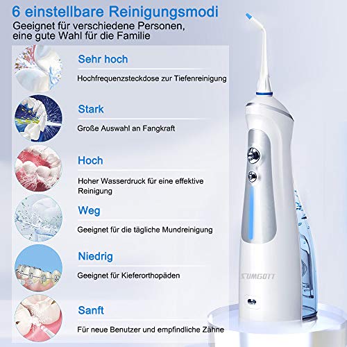 Irrigador Dental Portátil, Irrigador Bucal Eléctrica Recargable 300ml 6 Modos 5 Boquillas Profesional Irrigadores Dentales Water Flosser de Viaje IPX7 Impermeable Limpieza de Dientes de Ortodoncia