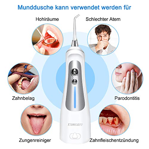 Irrigador Dental Portátil, Irrigador Bucal Eléctrica Recargable 300ml 6 Modos 5 Boquillas Profesional Irrigadores Dentales Water Flosser de Viaje IPX7 Impermeable Limpieza de Dientes de Ortodoncia