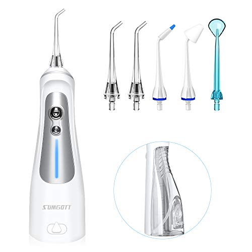 Irrigador Dental Portátil, Irrigador Bucal Eléctrica Recargable 300ml 6 Modos 5 Boquillas Profesional Irrigadores Dentales Water Flosser de Viaje IPX7 Impermeable Limpieza de Dientes de Ortodoncia