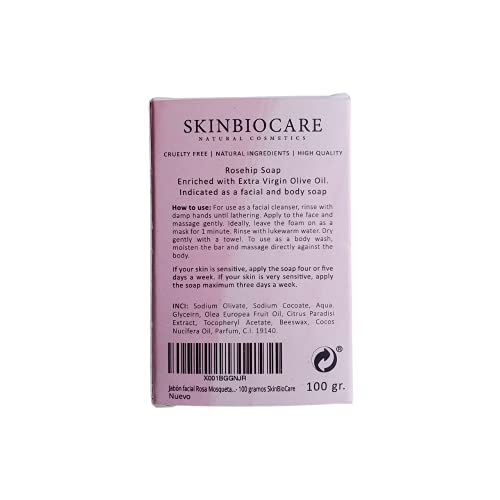 Jabón Facial de Rosa Mosqueta y AOVE | Exfoliante facial, limpiador de poros, reductor de estrias y cicatrices acne | Elaboración Artesanal y Vegana |100 gramos SkinBioCare