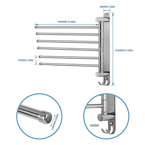 JSVER Toallero Baño, Acero Inoxidable Porta Toallas con 6 Brazos de 180 ° de Rotación Toalleros Barra para Baño Acero Inoxidable con Gancho