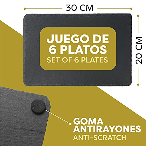 Juego de 6 Platos de Pizarra - 30x20 cm - Antideslizantes - Pizarras para Servir Quesos, Embutidos, Sushi, Aperitivos