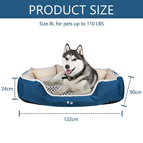 KROSER Cama de Perro con Almohada Reversible, Lavable a Máquina Cubiertas Extraíbles,Fondo Impermeable Antideslizante,122cm Cama para Perros x-Grandes de hasta 50kg-Marrón Claro/Azul