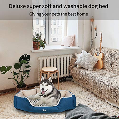 KROSER Cama de Perro con Almohada Reversible, Lavable a Máquina Cubiertas Extraíbles,Fondo Impermeable Antideslizante,122cm Cama para Perros x-Grandes de hasta 50kg-Marrón Claro/Azul