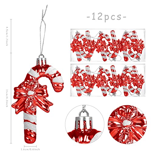 LEMESO Bastones de Caramelos Decoración Colgantes Navidad Bolas Plástico para Colgar Árbol de Navidad 12 Piezas Candy Cane Decorativas Brillantinas Bastones con Lazo -Color Rojo y Blanco