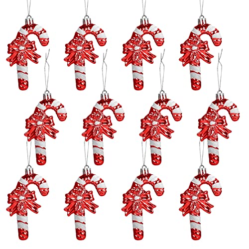 LEMESO Bastones de Caramelos Decoración Colgantes Navidad Bolas Plástico para Colgar Árbol de Navidad 12 Piezas Candy Cane Decorativas Brillantinas Bastones con Lazo -Color Rojo y Blanco