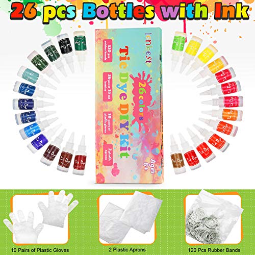 lenbest 26 Colores Tie Dye DIY Kit, Conjunto de Tinte Tie Tie de un Solo Paso Camisa Tela Tinte Duministros No Tóxicos, con 120 Bandas de Goma, 10 Pares de Guantes de Plástico, Delantal 2 Piezas