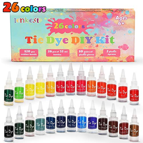 lenbest 26 Colores Tie Dye DIY Kit, Conjunto de Tinte Tie Tie de un Solo Paso Camisa Tela Tinte Duministros No Tóxicos, con 120 Bandas de Goma, 10 Pares de Guantes de Plástico, Delantal 2 Piezas