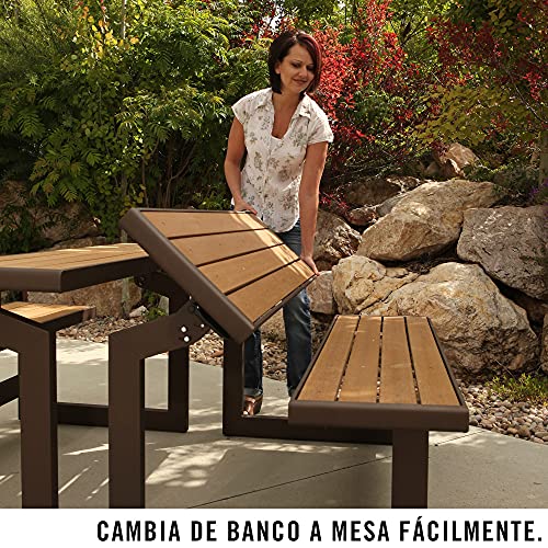 LIFETIME 60054 - Banco jardín, respaldo abatible, Banco convertible en mesa, medidas 141x36x48 cm, Polietileno de alta densidad, resistente al agua, protección UV, color madera