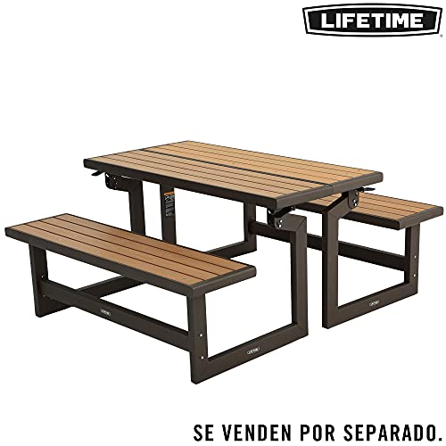 LIFETIME 60054 - Banco jardín, respaldo abatible, Banco convertible en mesa, medidas 141x36x48 cm, Polietileno de alta densidad, resistente al agua, protección UV, color madera