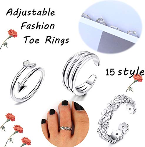 LOLIAS 15 Pcs Set Anillos Dedo del Pie Anillos para Mujer Niña Nudo Celta Flor Margarita Ondulación Kink Anillos de Apertura Ajustable Pie Joyería Regalos