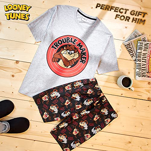 Looney Tunes Pijama Hombre Verano, Pijama Corto Hombre Algodón De Taz, Tallas Grandes S-3XL (L, Gris/Negro)