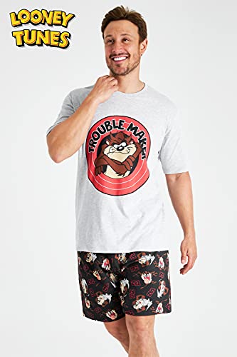 Looney Tunes Pijama Hombre Verano, Pijama Corto Hombre Algodón De Taz, Tallas Grandes S-3XL (L, Gris/Negro)