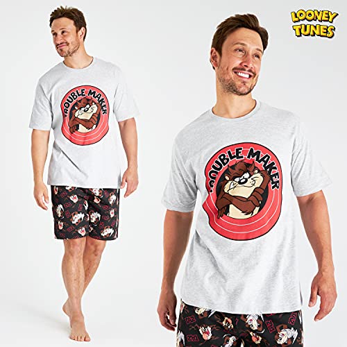 Looney Tunes Pijama Hombre Verano, Pijama Corto Hombre Algodón De Taz, Tallas Grandes S-3XL (L, Gris/Negro)